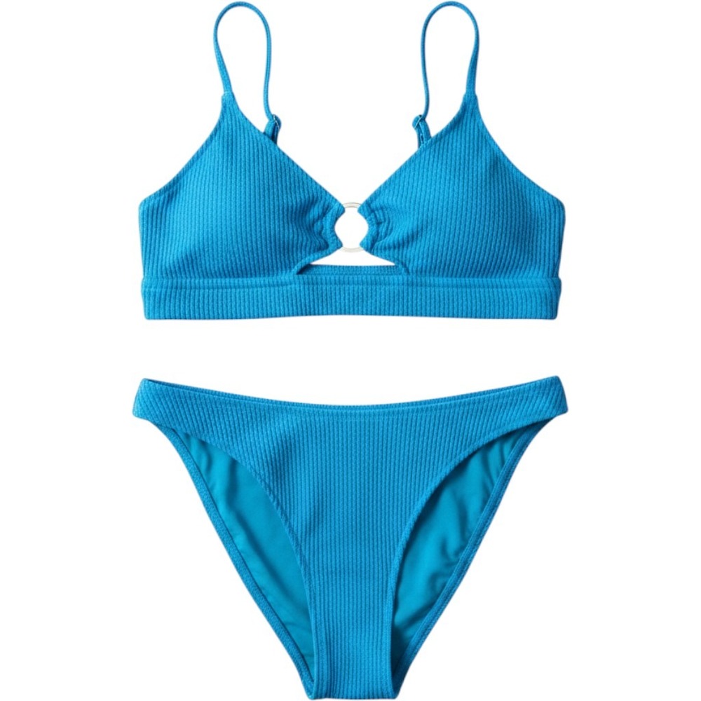 Aerie Womens Bright‎ Blue Textured Ribbed O-Ring Bikini Set Two Piece Swimsuit
